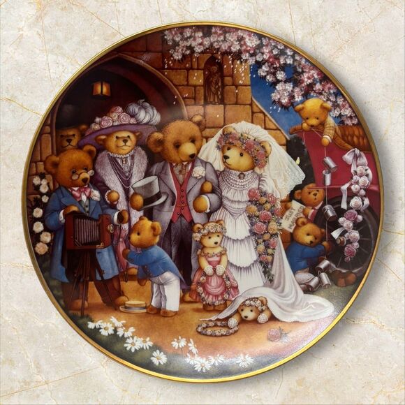 Franklin Mint Teddy Bear Wedding Limited Edition W/ Gold Trim 8” Vintage - Picture 1 of 6